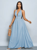 Women'S Solid Color Backless Cami V-Neck Vacation Beach Cross-Strap Backless Maxi Dress Vacation Beachwear Bridesmaid Dress - Blue