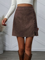 Women's Corduroy Casual Side Button Slit Hem A-Line Skirt - Brown+Black
