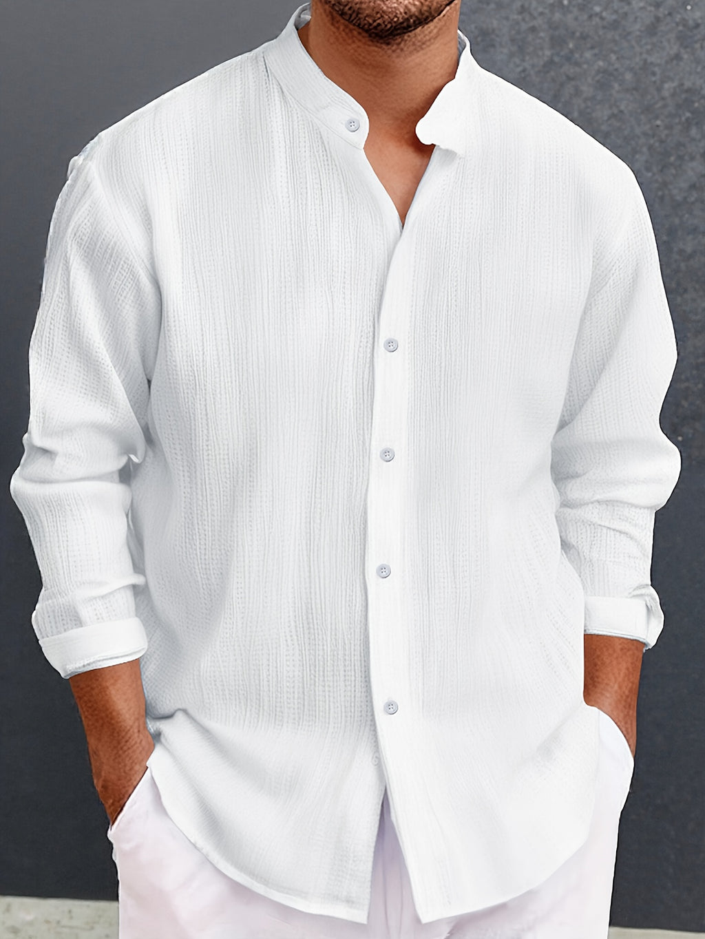 Pearson OBM 2pcs Men's Casual Fashion Simple Solid Color Textured Fabric Long-Sleeve Button-Up Shirt, Cool and Comfortable, Suitable for Daily Leisure and Outings, Essential for Spring and Autumn - White + Navy Blue Combination