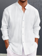 Pearson OBM 2pcs Men's Casual Fashion Simple Solid Color Textured Fabric Long-Sleeve Button-Up Shirt, Cool and Comfortable, Suitable for Daily Leisure and Outings, Essential for Spring and Autumn - White + Navy Blue Combination