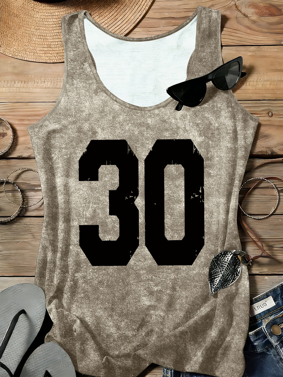 Arabic Numeral & '30' Letter Print Vest - All-Over Base Layer Suitable for Travel,, Outdoor | Machine Washable Sleeveless Top with Number | Casual Round Neck Wear for Streetwear and Year-Round Use - Olive Brown