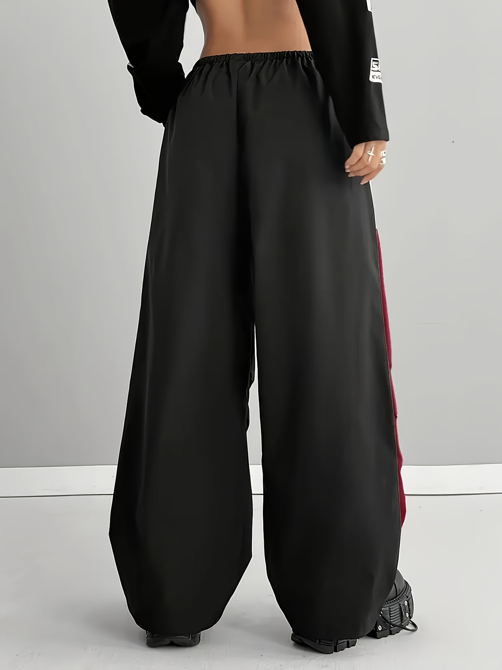 Women's Elastic Waist Wide-Leg Harem Pants - Black and White Contrast Casual Pants, Loose Fit, Machine Washable, All-Season Comfort, Durable Fabric, American Street Style Contrast Drawstring Versatile Wide-Leg Trousers - Red