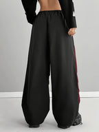 Women's Elastic Waist Wide-Leg Harem Pants - Black and White Contrast Casual Pants, Loose Fit, Machine Washable, All-Season Comfort, Durable Fabric, American Street Style Contrast Drawstring Versatile Wide-Leg Trousers - Red