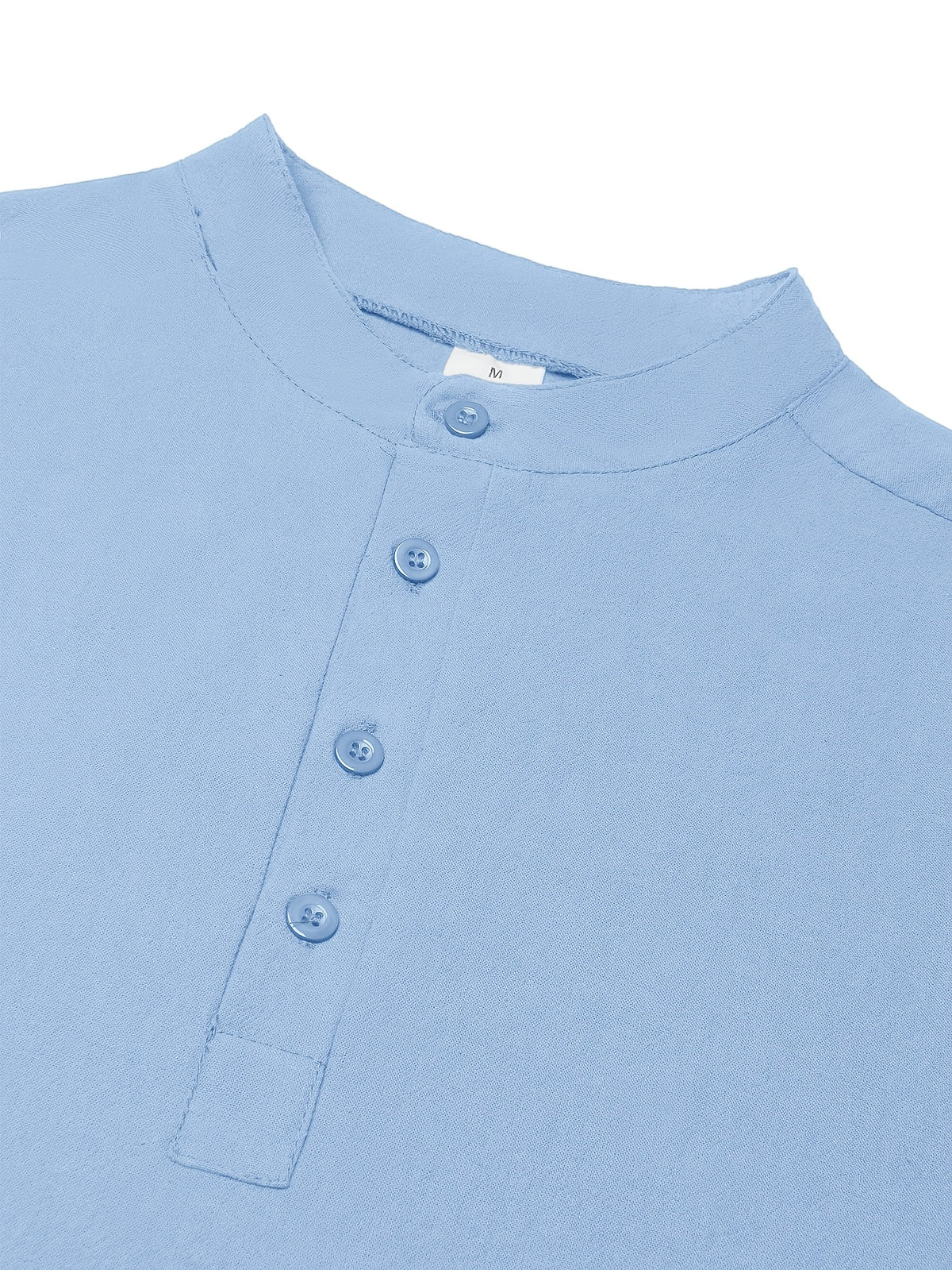 Men'S Spring Autumn New Thin Half-Button Stand Collar Linen T-Shirt Casual All-Match Athletic Trendy Fashion Commuting Fitness Thin Comfortable Loose Long Sleeve T-Shirt - Sky Blue
