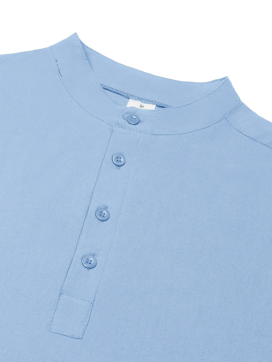 Men'S Spring Autumn New Thin Half-Button Stand Collar Linen T-Shirt Casual All-Match Athletic Trendy Fashion Commuting Fitness Thin Comfortable Loose Long Sleeve T-Shirt - Sky Blue