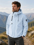 Men'S Hooded Utility Outdoor, Polyester Multi-Pocket Zip Outerwear Fall Travel, Hiking And Daily Wear - Light Blue
