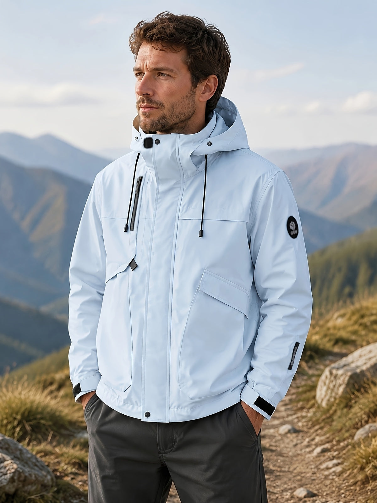 Men'S Hooded Utility Outdoor, Polyester Multi-Pocket Zip Outerwear Fall Travel, Hiking And Daily Wear - Light Blue