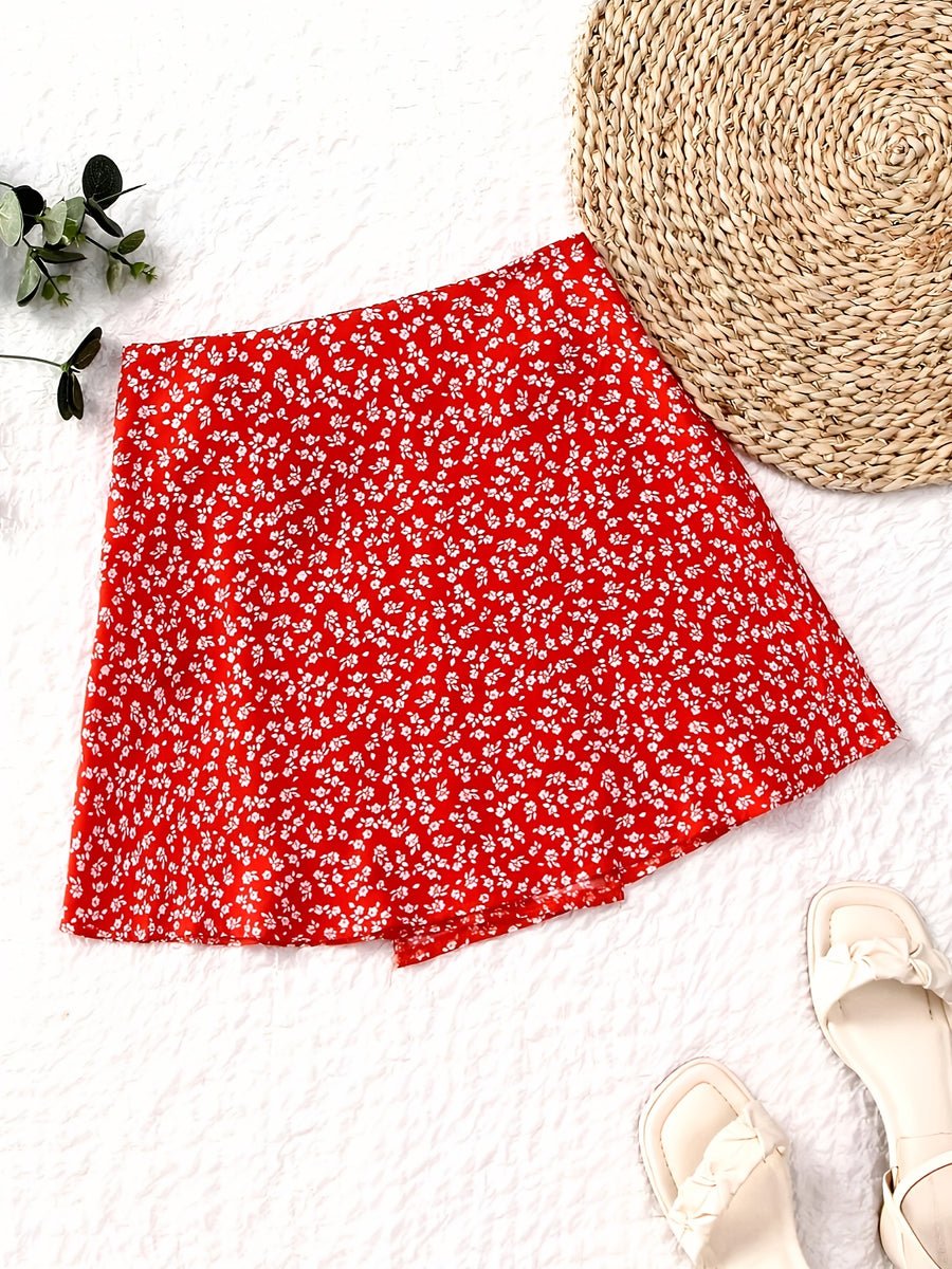 Floral Print Wrap Tie Midi Skirt - Red