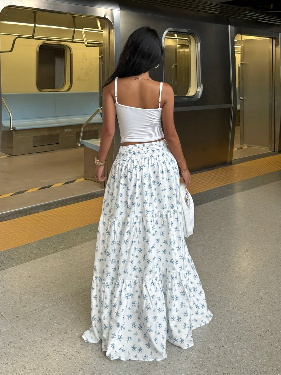 Women's Casual Vacation Style Floral Print Elastic Waist Ruffle Skirt - White Blue