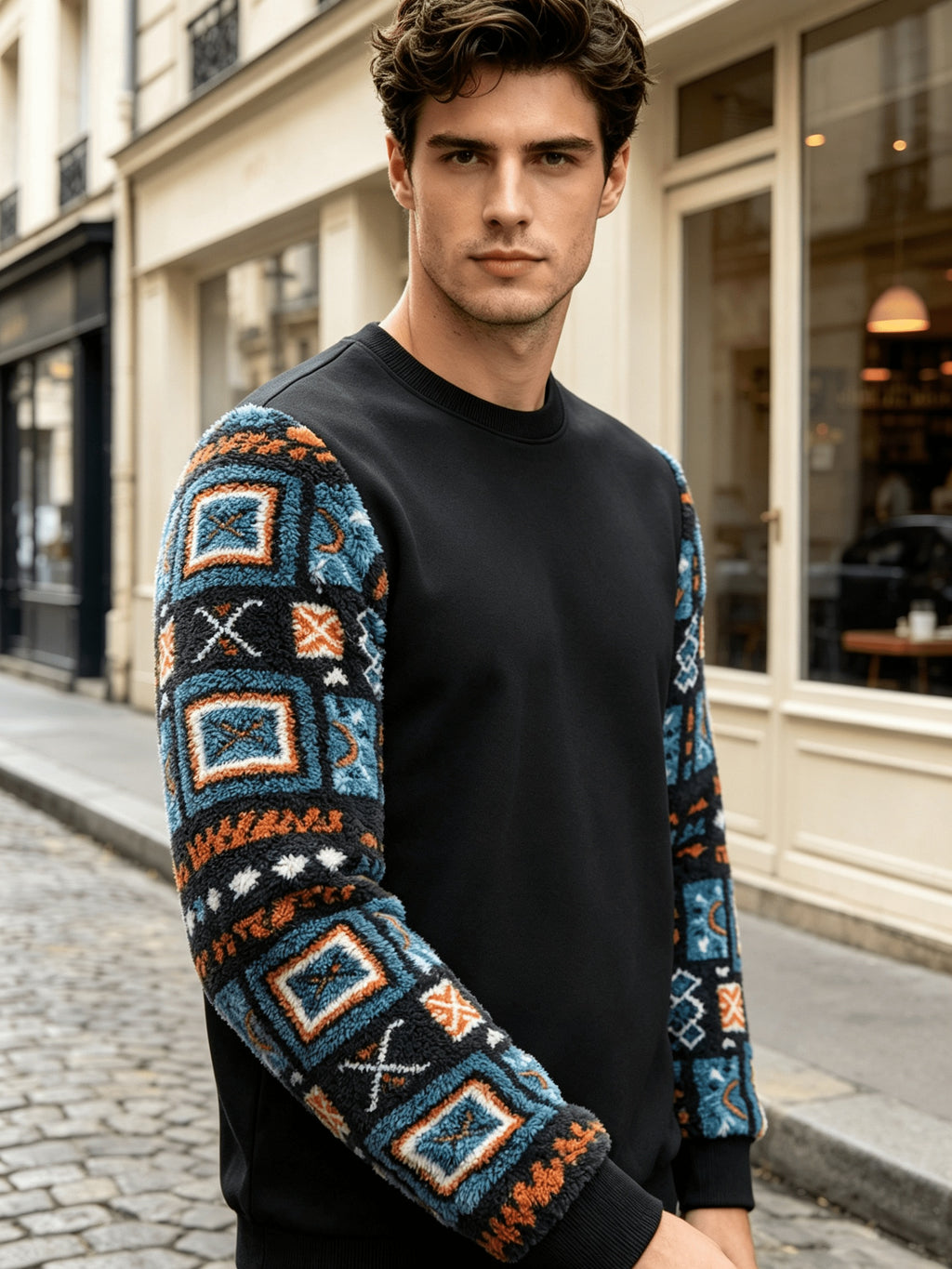 Men's Autumn/Winter Crew Neck Plush Sweatshirt, Featuring a Vintage Jacquard Plush Sleeve with Color Block Patchwork Pattern and Solid Color Design, Made from Wrinkle-resistant Soft Knitted Fabric. It Is Highly Practical and Suitable for Students' - Black
