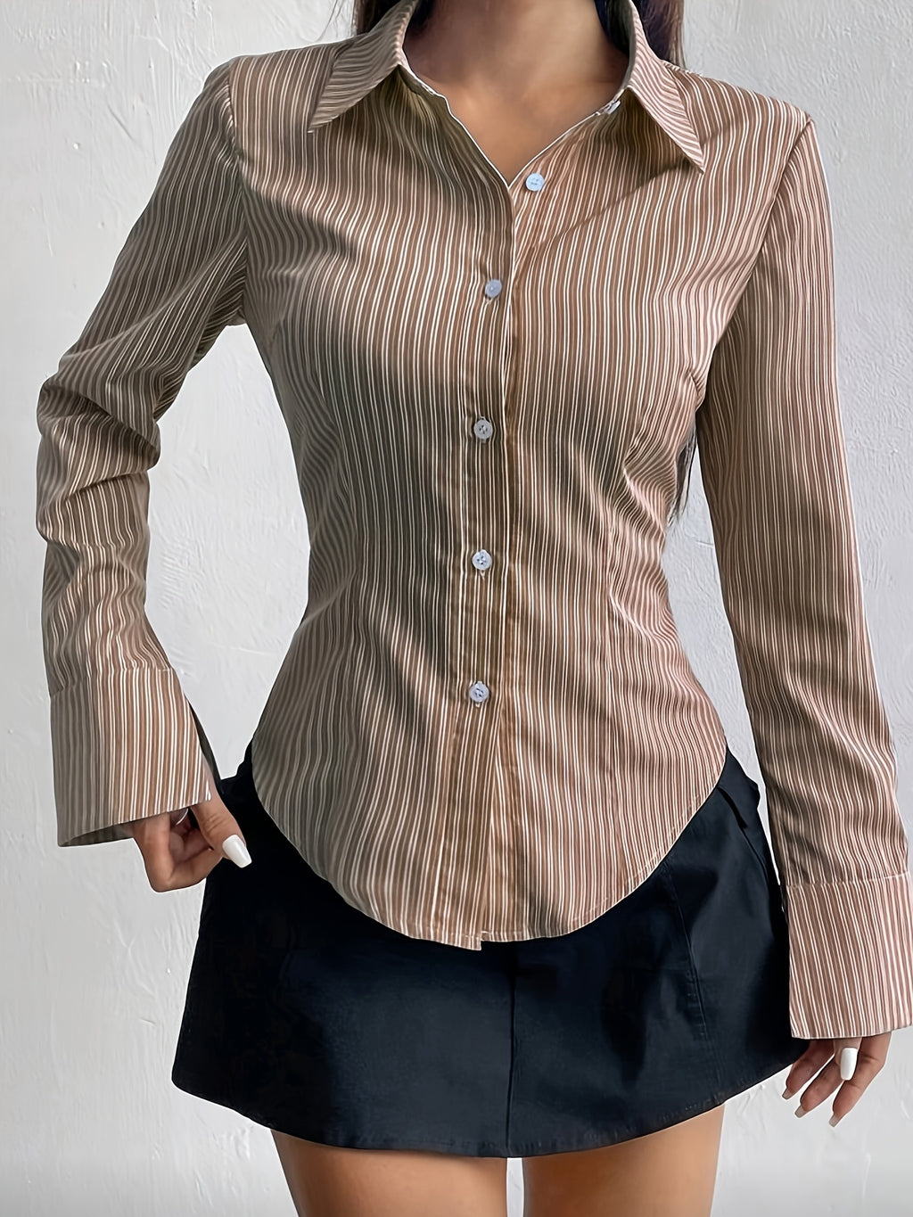 Pure Desire Style Slim Striped Shirt High Waist Curved Hem Hot Long-Sleeved Shirt - Khaki