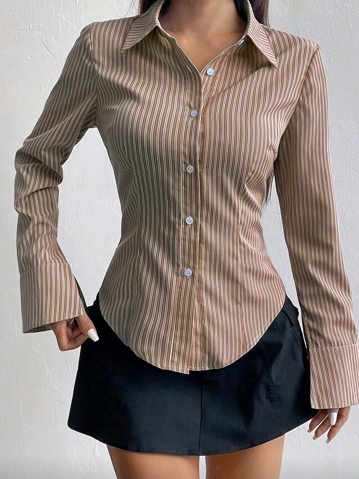 Pure Desire Style Slim Striped Shirt High Waist Curved Hem Hot Long-Sleeved Shirt - Khaki