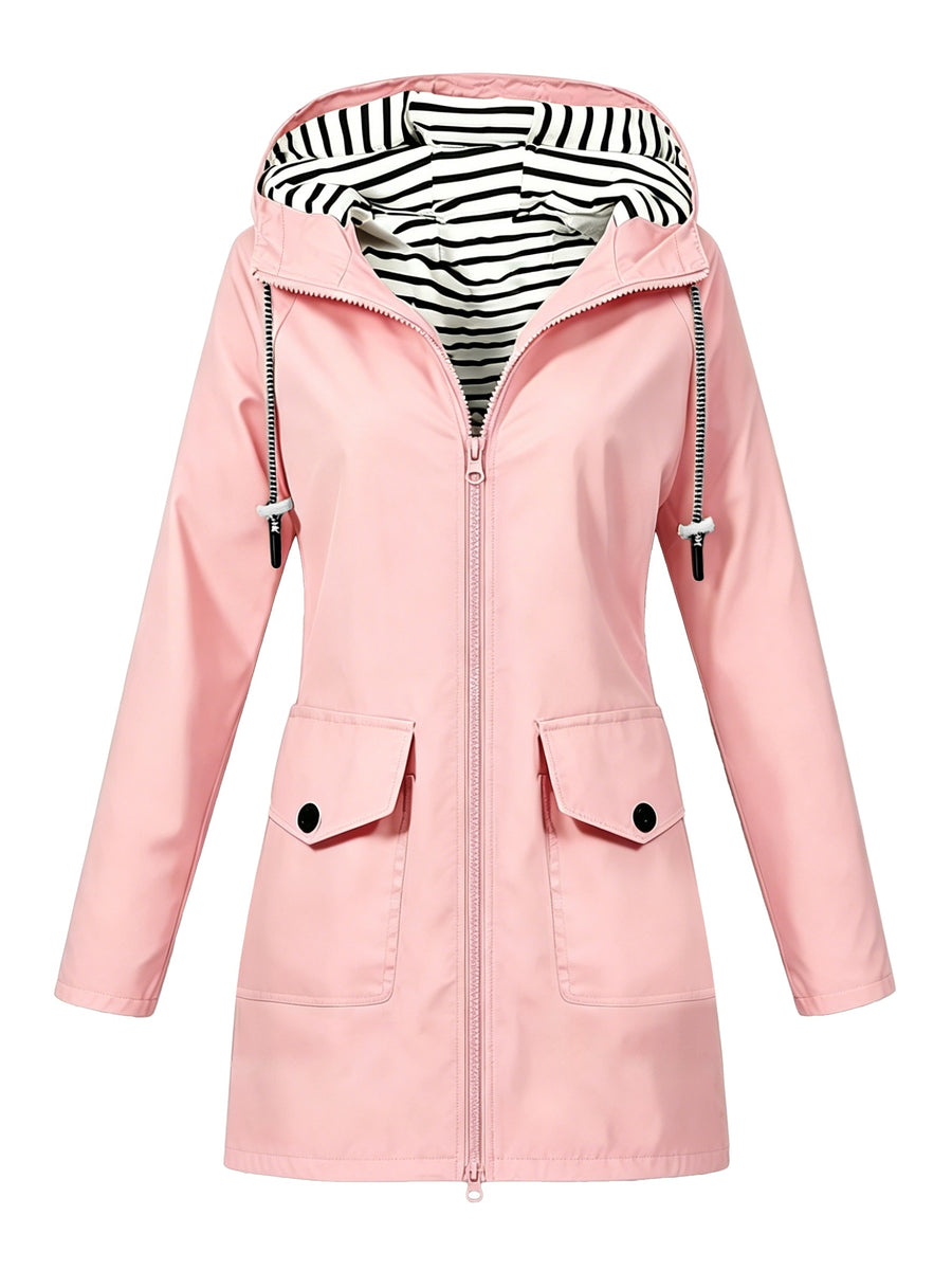 Women'S Hooded Outdoor Pocket Zipper Casual Mid-Length Trench Coat - Pink Color