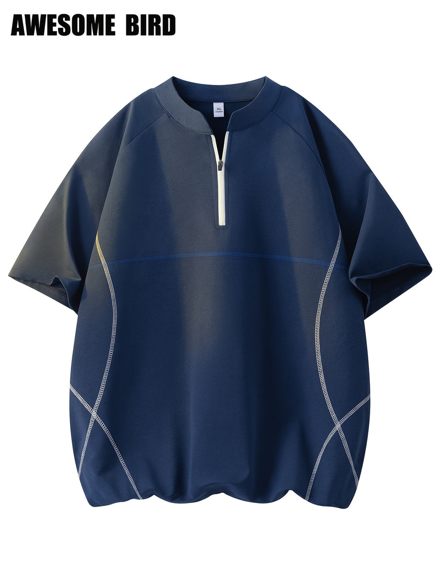 American Summer Couple Lightweight Quick-Drying Color-Blocking Half-Zip Raglan Sleeve Sports Short-Sleeved T-Shirt Men'S Training - Navy Color