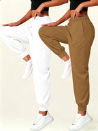 2pcs Set Autumn-Winter Women's Casual Pants with Pockets - White+Brown