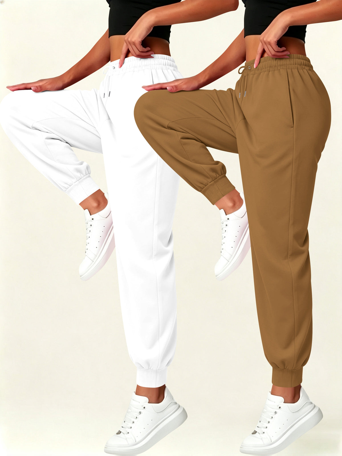 2pcs Set Autumn-Winter Women's Casual Pants with Pockets - White+Brown