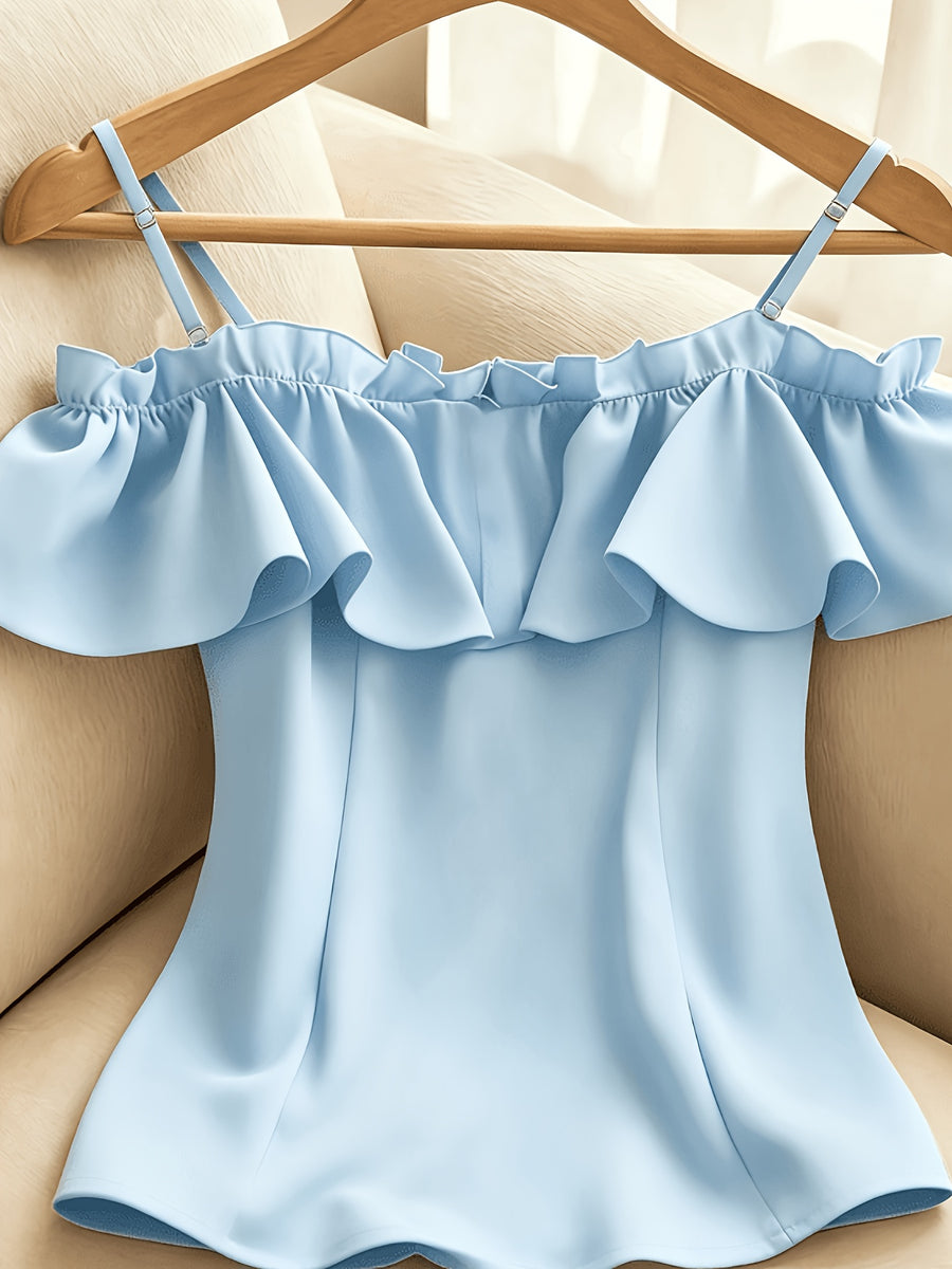 Women's Summer Casual Solid Color Off-Shoulder Ruffle Camisole Tank Top - Sky Blue