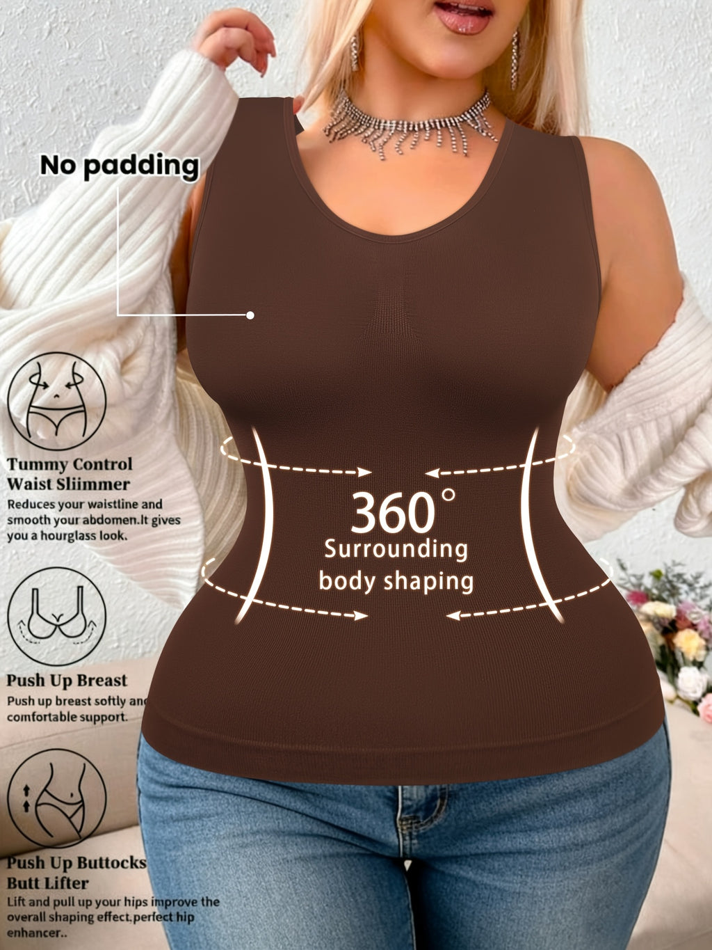 Plus-size Women's Shaping and Waist-cinching Daily Wear and Loungewear Vest, Can Be Worn as an Inner Layer or Outer Layer - Coffee Color