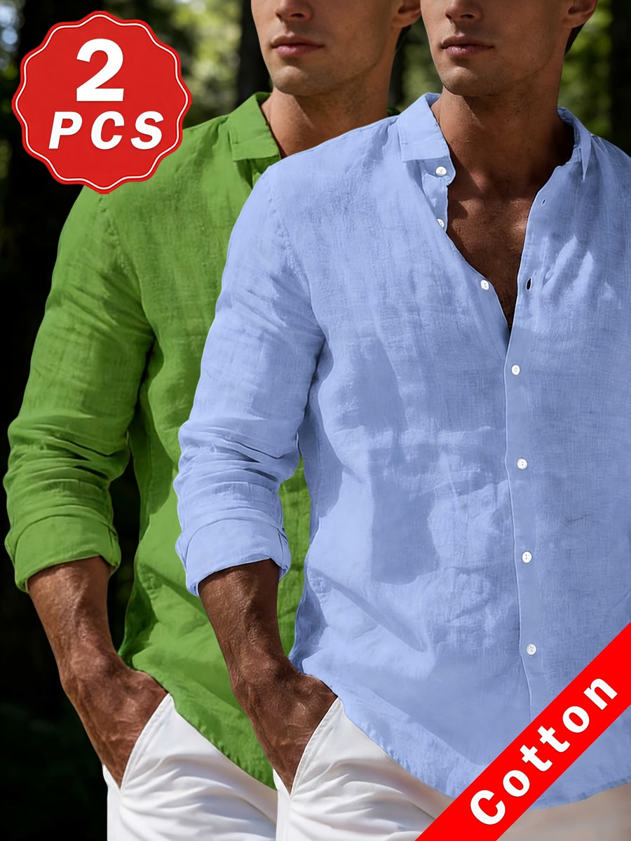 Men's 100% Pure Cotton Lapel Button-Up Long Sleeve Shirt, 2pcs Set. A Versatile Casual Top for Spring and Autumn, Suitable for Daily Wear. The Fabric Is Comfortable and Breathable, Making It Perfect for Beach Vacations and Everyday Outings - Green+Light Blue