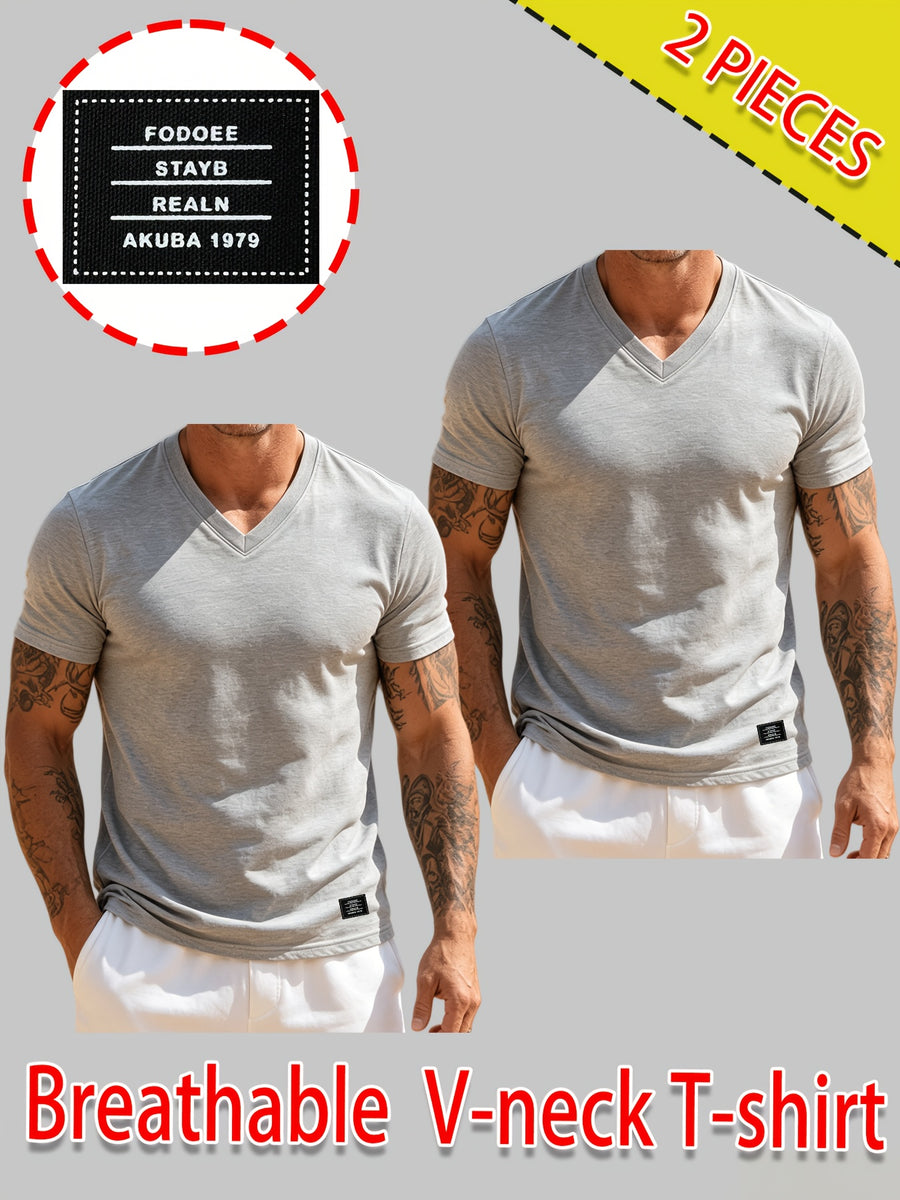2pcs Men's 100% Cotton V-Neck T-Shirt - Breathable Short-Sleeve Solid Color Basic Tee Suitable for Summer Gym, Outdoor Sports & Casual Wear, Non-Stuffy Machine Washable Pure Cotton Shirts for Fitness and Everyday Activities - Light Grey