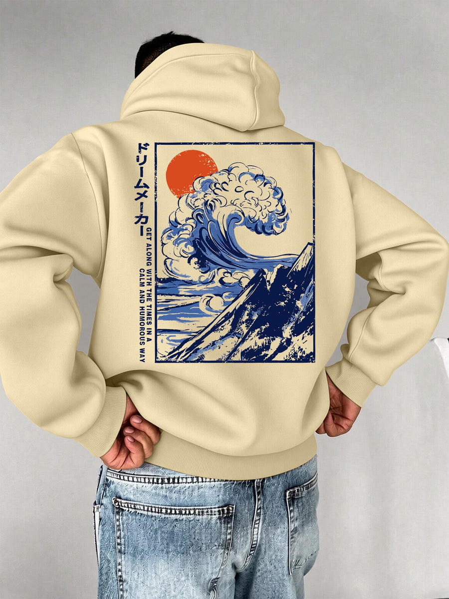 Men'S Fashion Hoodie Pullover with "Japanese Red Sun, Waves, Mountain Scenery, Ukiyo-E, National Style" Print, Trendy Style, Autumn/Winter Drawstring Regular Fit Warm Sweatshirt, Daily Commute, City Casual, Sports, Outing Wear - Apricot