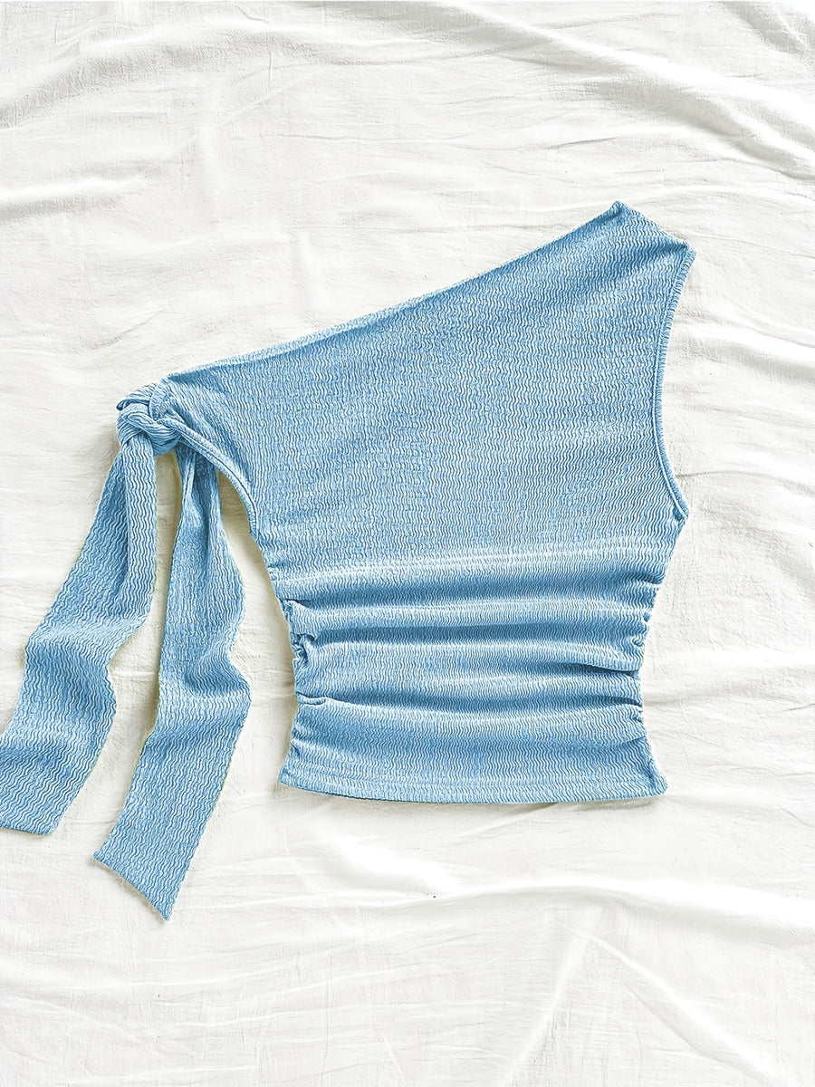 Sexy Asymmetrical Tie-Front Flowy Casual Slim-Fit Solid Color Women'S One-Shoulder Top for Spring And Autumn, Perfect for Parties, Vacations, Music Festivals, Bohemian Style, Holiday Dates, And Afternoon Tea - YTD Cherry - Peacock Blue