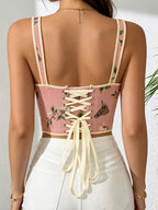 French-Style Court Bow Tie Lace-Up Floral Print Vintage Oil Painting Bodice Ball Gown Women's Camisole Printed Slim Fit Vest Corset Top for Outerwear - Pink Color