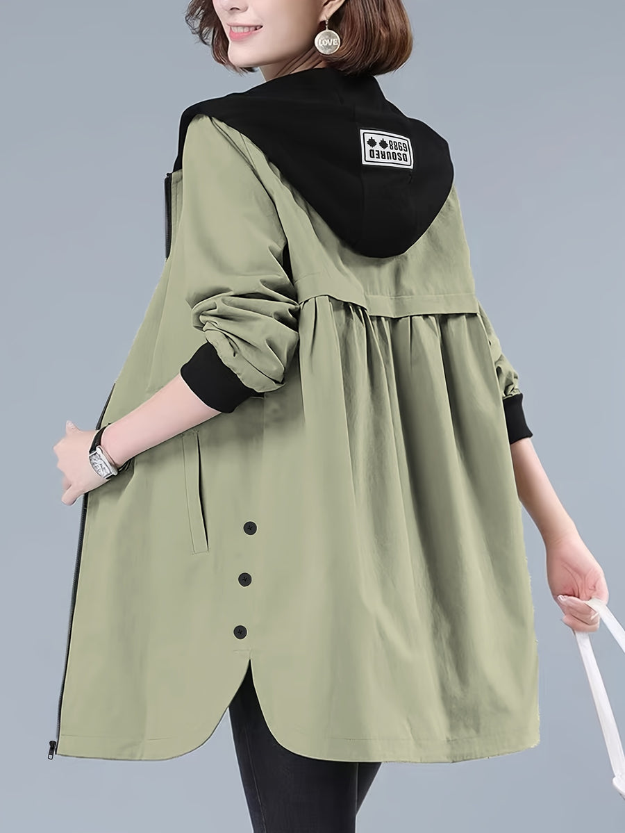 Women's Casual Hooded Jacket with Letter Print - Zip-Up, Long Sleeve, Polyester - Machine Washable - Perfect for Spring/Fall - Mixed colors
