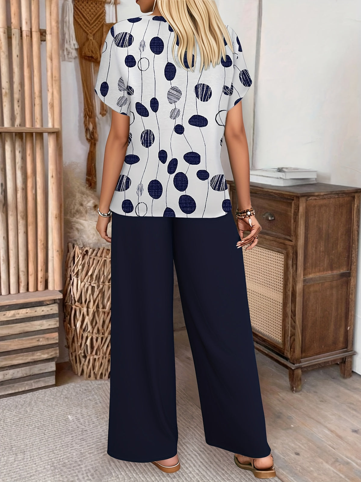 Women's Fashionable and Elegant 2pcs Set: Bat Sleeve Round Neck T-Shirt + Printed Stretch Waist Wide-Leg Pants, Essential for Daily Wear, Vacations, and Dates - Deep Blue