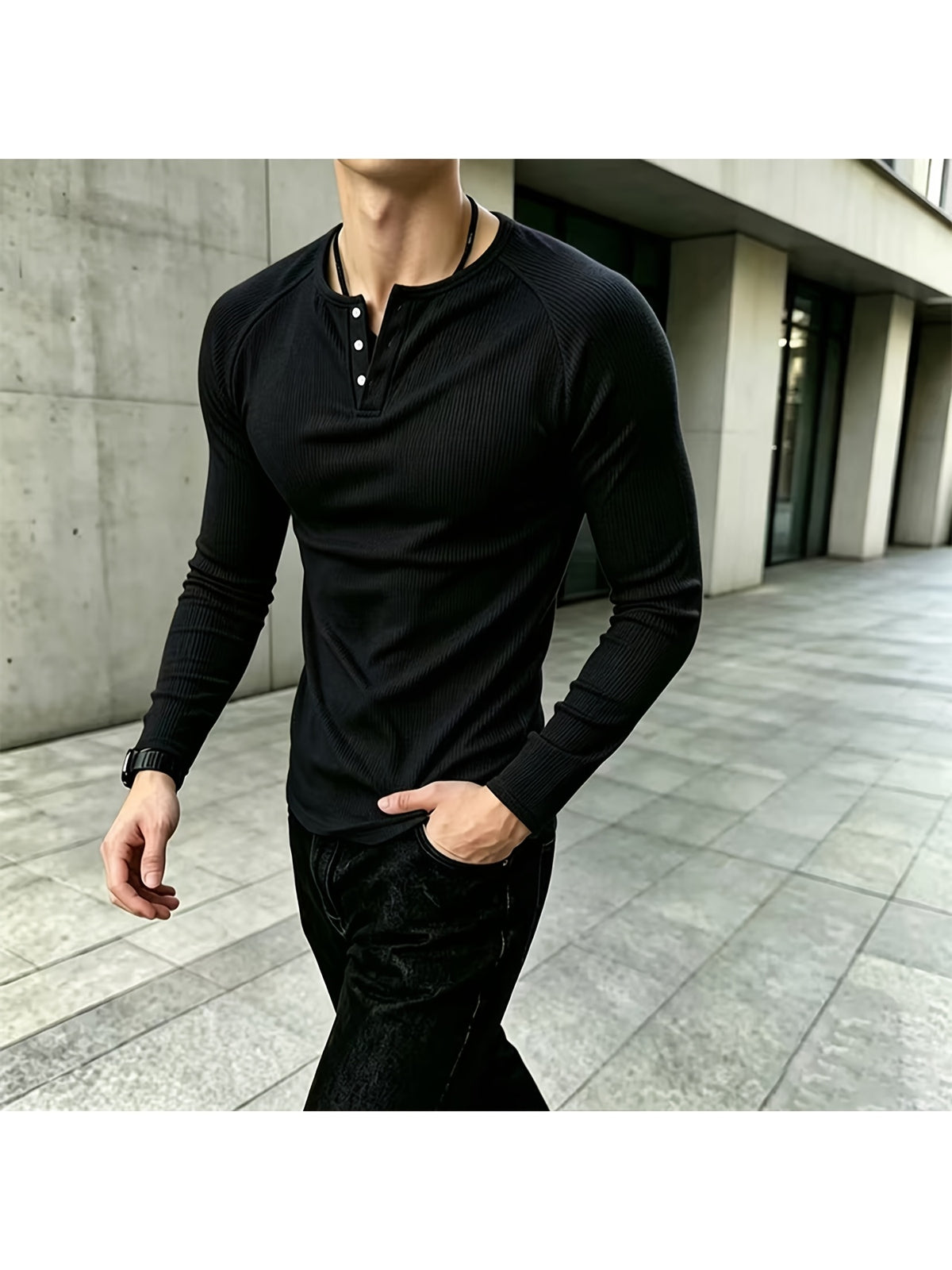 Men Long Sleeve Henley T-Shirt, Loose Trendy Brand Designed Top, Vertical Ribbed Knit Pullover, Breathable Comfort Fashion Casual Tee, Raglan Sleeve Half Button Placket Shirts for Daily Outfits - Black