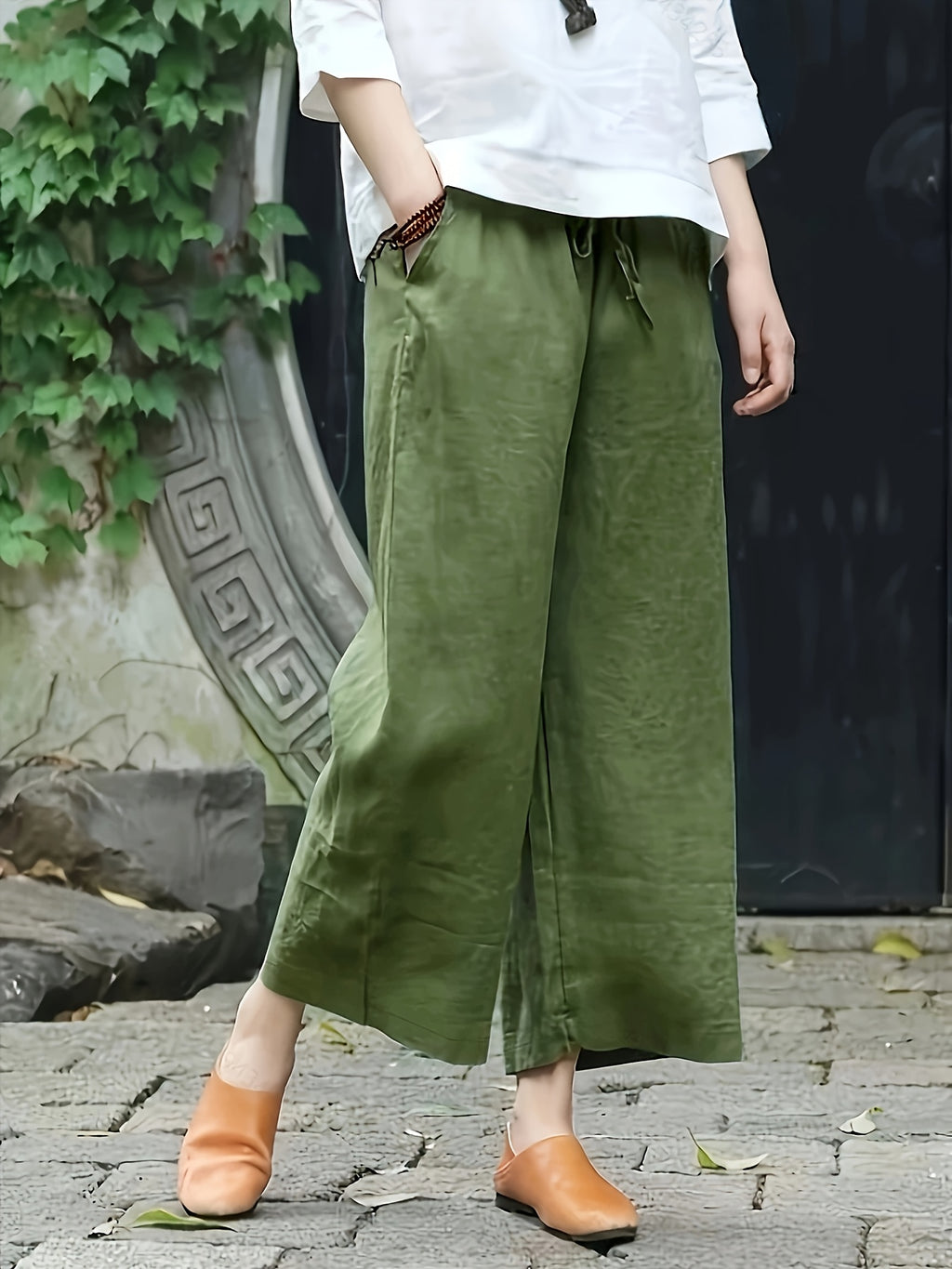 3pcs Set of Elegant Loose Breathable Wide-Leg Trousers Ankle Pants - Black+pink+green
