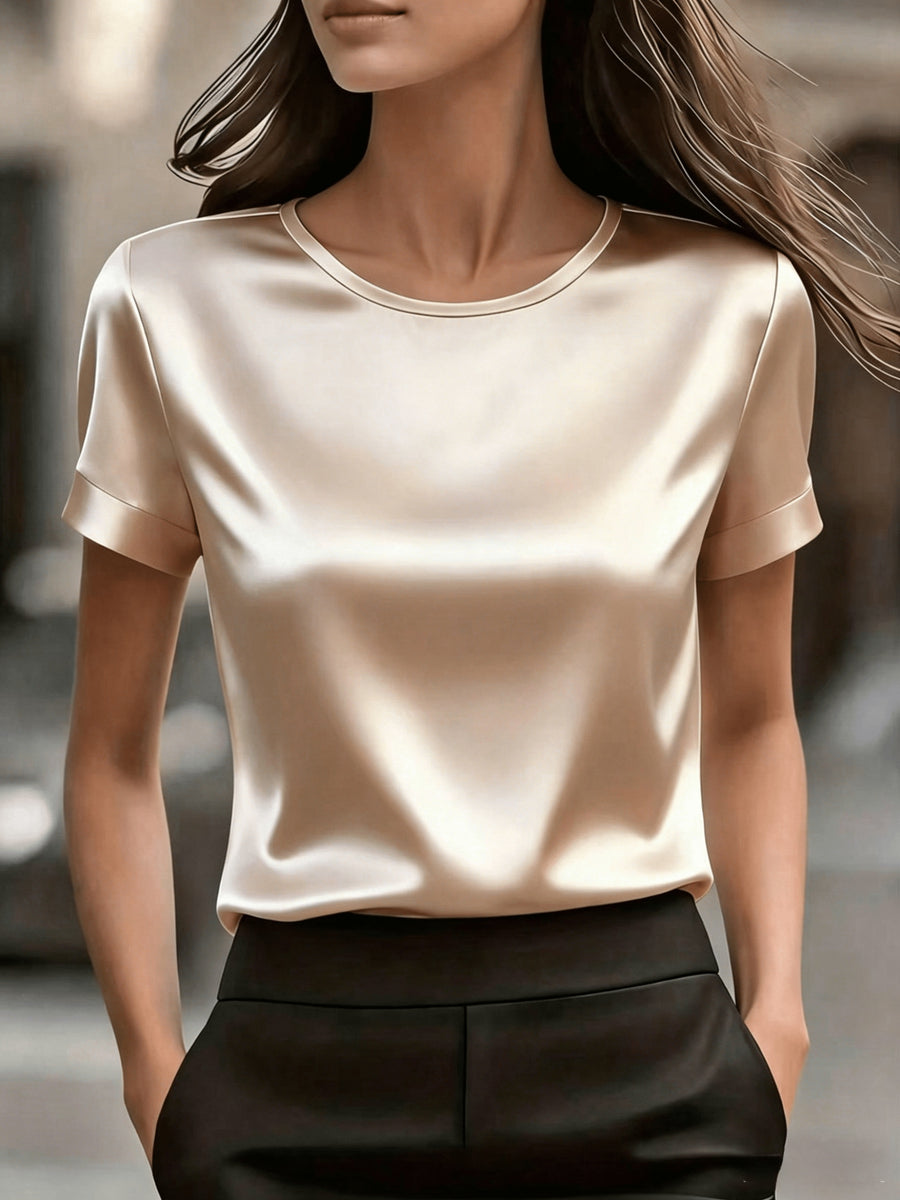 Women's Simple Round Neck Short Sleeve T-Shirt - Satin Texture, Ideal for Mother's Day & Independence Day Commute, Suitable for Spring & Summer Office & Casual Looks, Luxury Style Outfit - Apricot