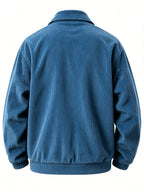 AOMDOTB Men's Corduroy Baseball Jacket - Preppy Collar Zipper Jacket with Chest Label Design & Double-Side Pockets, Solid Color Corduroy Outerwear Suitable for Daily Commuting, School, Back-to-School Outfits (for Teen) - Vibrant Blue