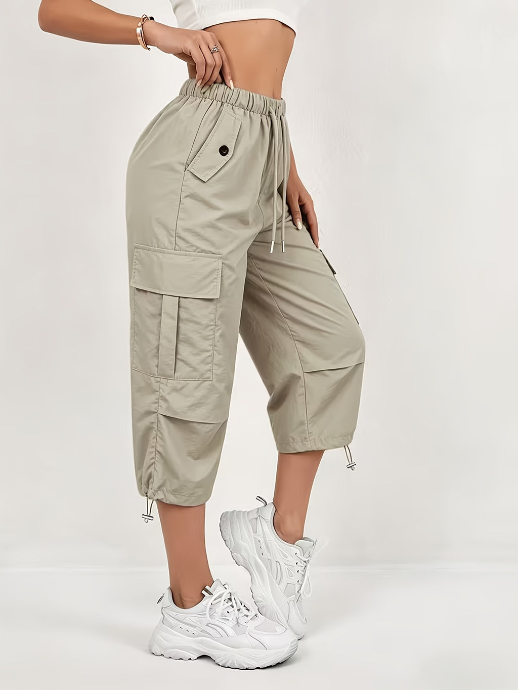 Women'S Quick-Dry Cargo Capri Pants with Elastic Waist And Drawstring - Lightweight Stretch Suitable for Outdoor Pants, Multi-Trousers, Machine Washable Loose-Fit Mid-Length for Travel, Casual Attire - Khaki