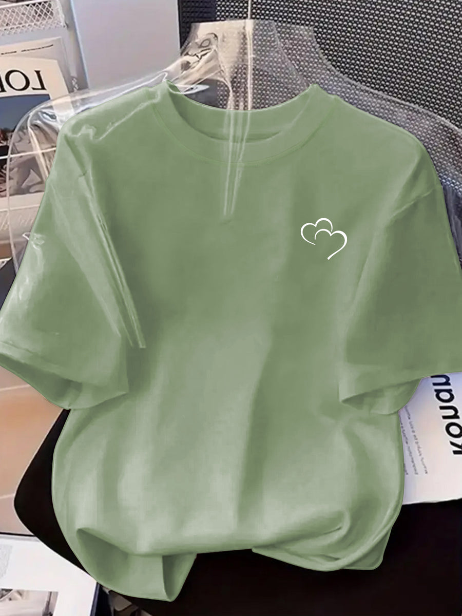 Fashion Print Round Neck Short Sleeve T-Shirt, Spring/Summer Casual Short Sleeve Top, Women's Clothing - Pea Green Color