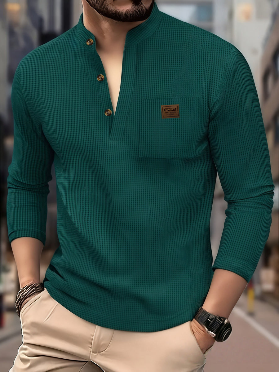 Josh Mei Selection: 2026 New Men's Stand Collar Waffle Texture Long Sleeve Shirt, Three-Button Half Open Lapel with Pocket, Lightweight and Comfortable Basic Top for Daily Outings - Dark Green