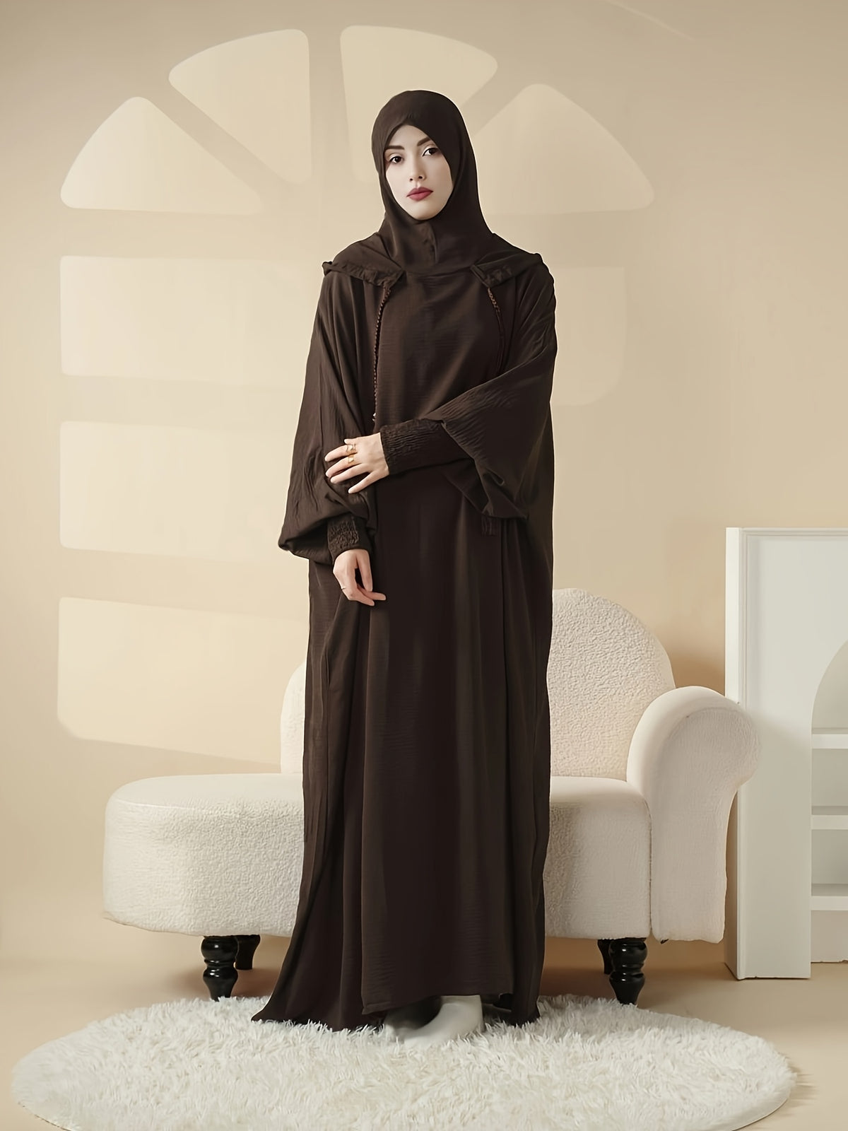 Women's Solid Color Loose Fit Muslim Batwing Sleeve Fringe Drawstring Hooded Hoodie for Daily Wear Islamic Clothing Prayer Abaya Gown - Coffee Color