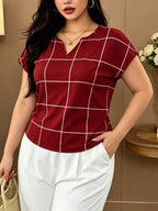 Large Plaid V-Neck Batwing Sleeve Short-Sleeved Chiffon Shirt, Minimalist Commuter Style Shirt, Versatile Temperament Top, Minimalist Commuter Style, French Relaxed Style - Red Grid