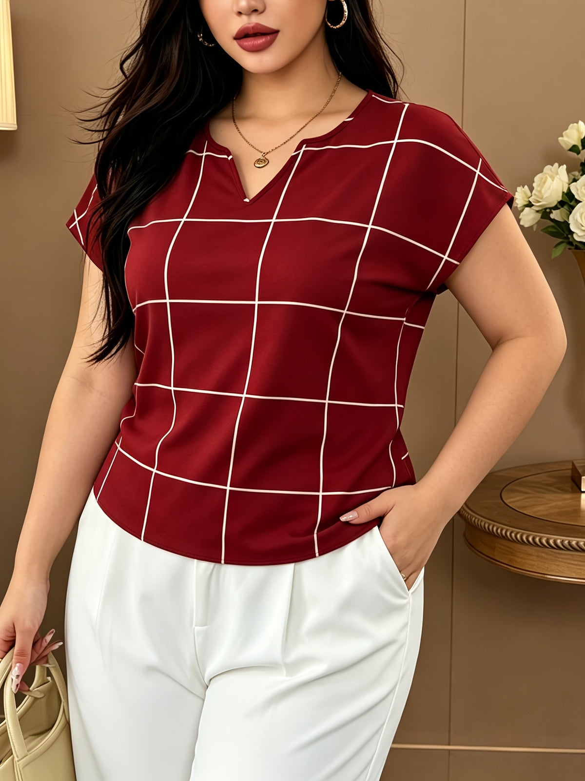Large Plaid V-Neck Batwing Sleeve Short-Sleeved Chiffon Shirt, Minimalist Commuter Style Shirt, Versatile Temperament Top, Minimalist Commuter Style, French Relaxed Style - Red Grid