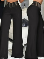 Fashionable Solid Color Cross-Over Transparent Mesh Patch High-Waist Pants - Black