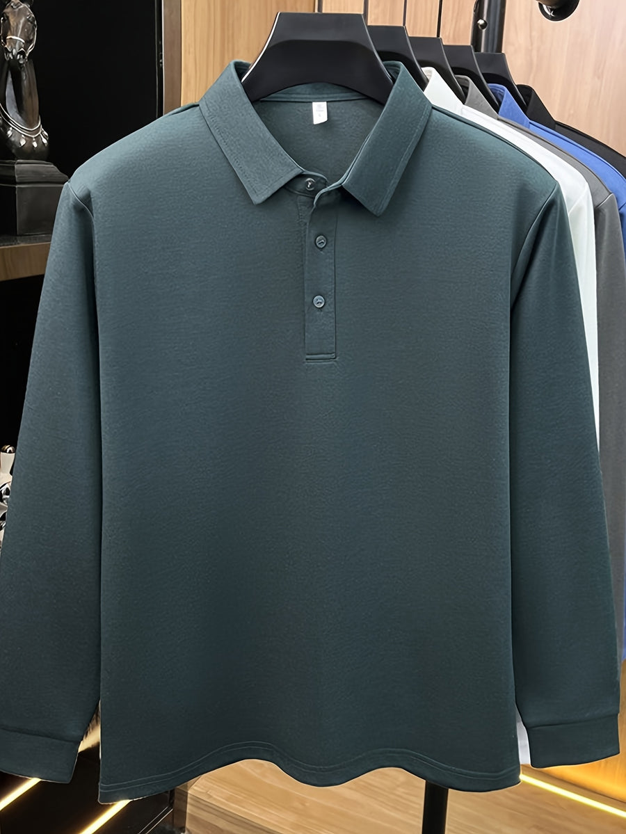 Men's Solid Color Long-Sleeve Polo Shirt, Simple and Clean Design Without Logo, Slightly Relaxed Fit, Flattering on All Body Types, Suitable for Spring and Autumn - SINBOS - Green