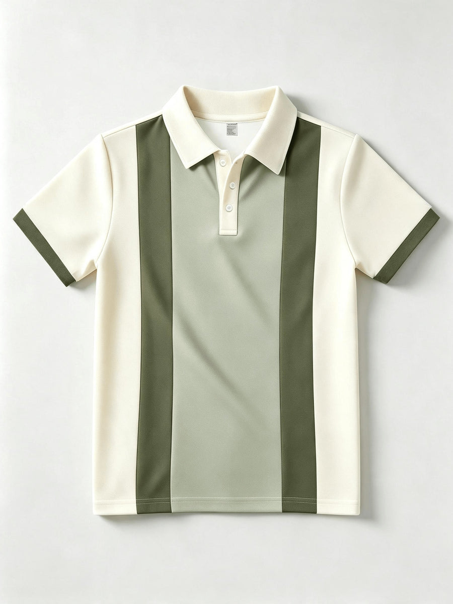 Men'S Retro Color-Block Vertical Stripe Polo Shirt, Short Sleeve Lapel Casual Summer Daily Polo Shirt (Latin America) - fern green