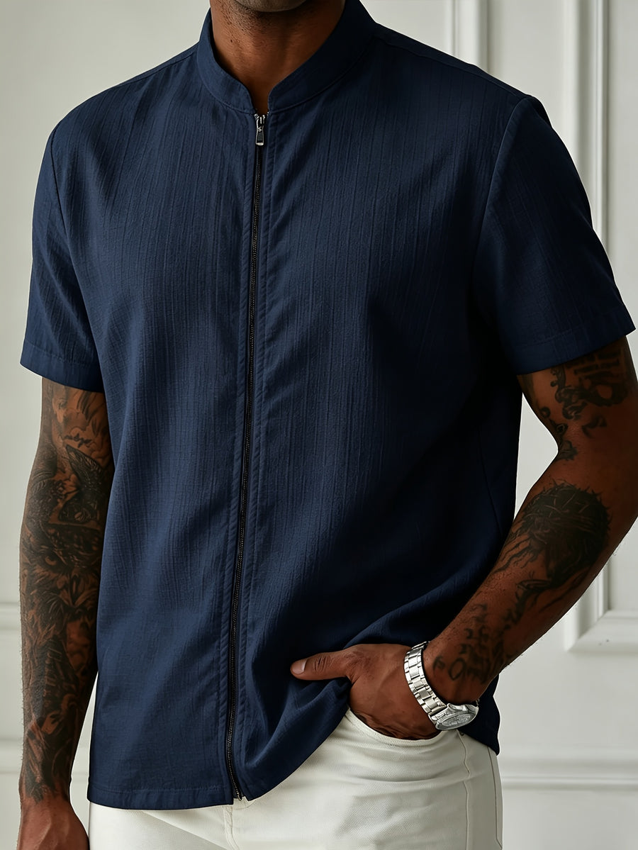 Men's Lightweight Breathable Zip-Up Stand Collar Shirt - Short-Sleeve Button-Up Beach Shirt with Zipper Front, Solid Color Suitable for Pool Parties, Casual Wear & Father's Day Gifts, Machine Washable Stand Collar Button Collar Blouse Style - Navy Color