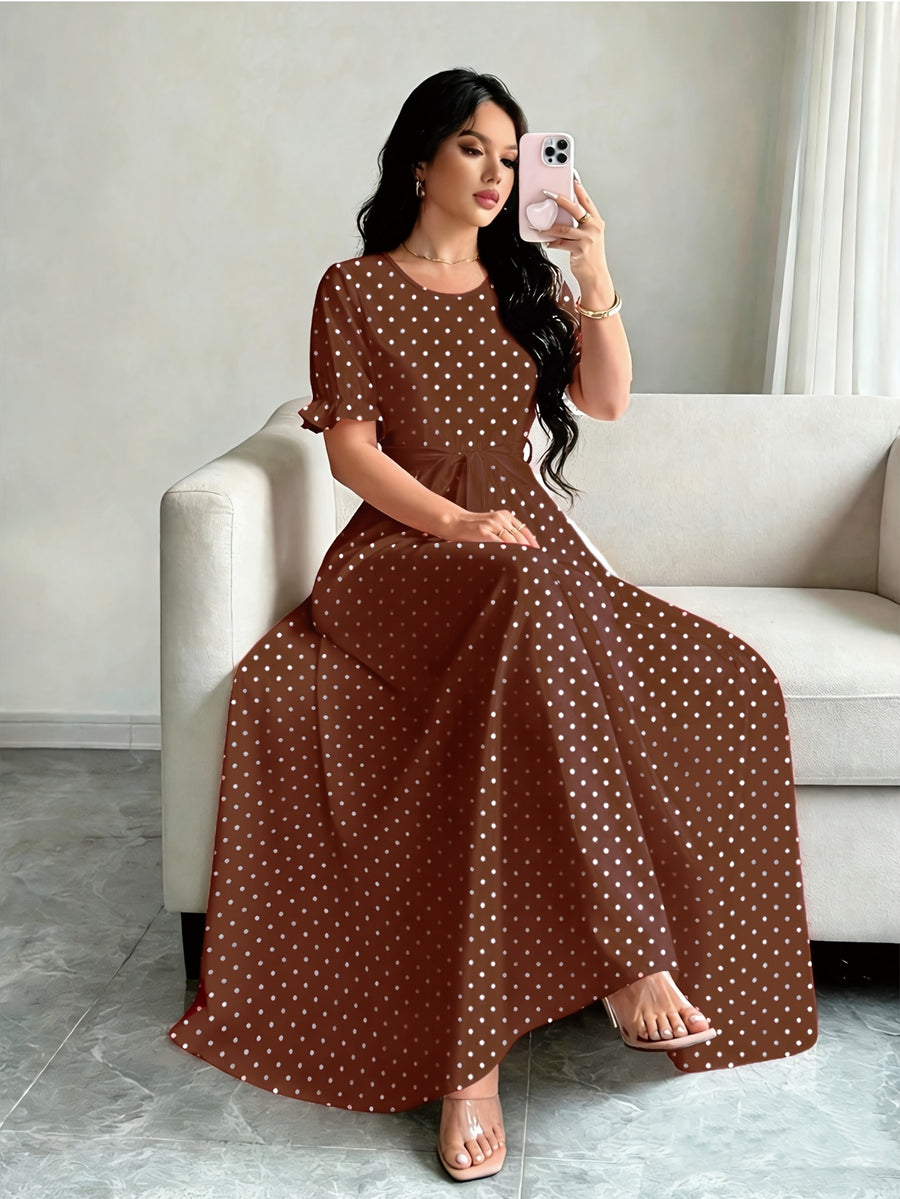 Elegant Summer Dress, Polka Dot Print Dress, Women's Fashion Round Neck Short Puff Sleeve Dress with Belted Waist, Long Dress ASD1 - Khaki