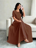 Elegant Summer Dress, Polka Dot Print Dress, Women's Fashion Round Neck Short Puff Sleeve Dress with Belted Waist, Long Dress ASD1 - Khaki