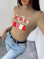 Women'S Autumn Winter New Style Semi-High Neck Fitted Top, Can Be Worn Inside Or Outside, Elastic Fabric, Soft And Skin-Friendly Warm, Easy Waist-Cinching Cut, Casual All-Match, Printed with "My Valentine Calls Me Mama" - Khaki
