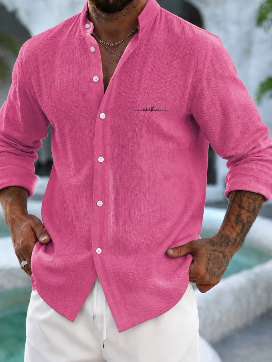 Men'S Faux Linen Long Sleeve Shirt: Lightweight Button-Up Stand Collar Solid Color Formal to Casual Style, Comfortable Breathable Pattern, Suitable for Beach, Office, Party Business, Daily Trendy Wear, Machine Washable Fashion Shirt - Rose Red