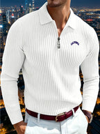 Autumn Men'S Ribbed Long Sleeve Polo Shirt Print Half-Zip Stand Collar Slim Fit Breathable T-Shirt - White