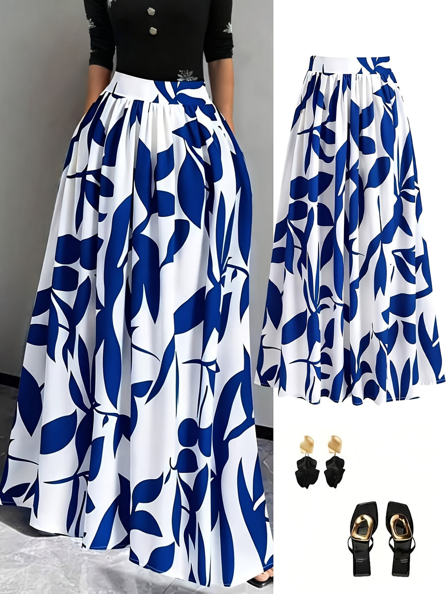 New Spring/Summer/Autumn Women's Printed High-Waist A-Line Skirt, Summer Vacation Dress - Blue