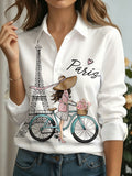Women'S Beautiful Blouse Long Sleeve Fashion Trendy Lapel Shirt, Paris Eiffel Tower Bicycle Print Long Sleeve Shirt Women'S, French Romantic Lapel Casual Shirt, Perfect Gift for Women 1pc - Mixed colors